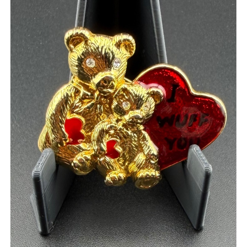 SFJ Steinmetz Teddy Bear Brooch Gold Tone Red Enamel I Wuff You Heart Vintage
